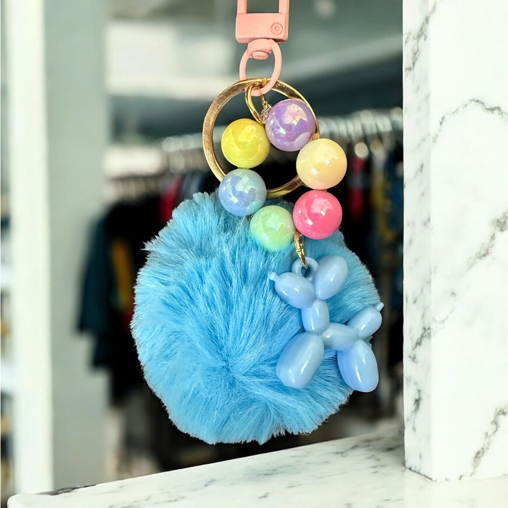 Blue Fluffy Key Holder with Multicolor Beads